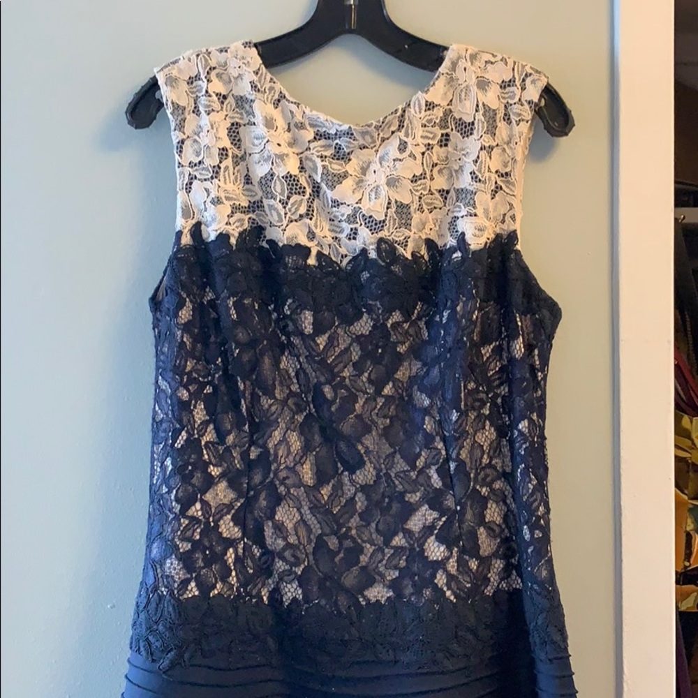 Tadashi Shoji navy and cream lace dress